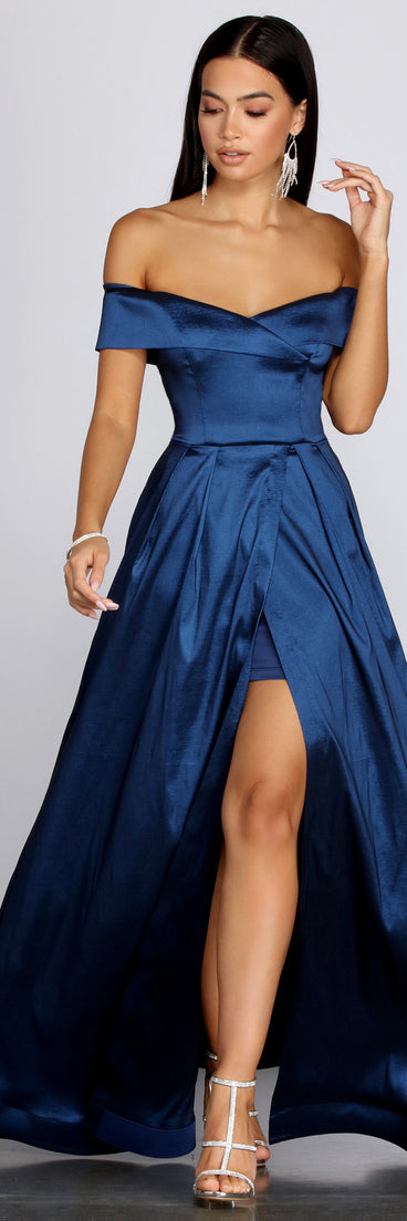 Megan Taffeta Off The Shoulder Ball Gown is a gorgeous pick as your 2023 prom dress or formal gown for wedding guest, spring bridesmaid, or army ball attire!