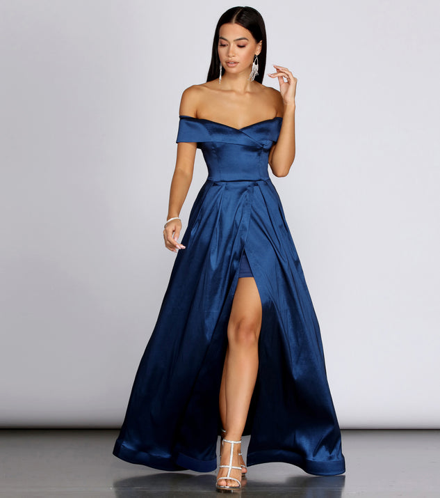 Megan Taffeta Off The Shoulder Ball Gown is a gorgeous pick as your 2023 prom dress or formal gown for wedding guest, spring bridesmaid, or army ball attire!