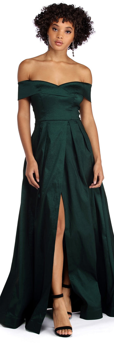 Megan Taffeta Off The Shoulder Ball Gown is a gorgeous pick as your 2023 prom dress or formal gown for wedding guest, spring bridesmaid, or army ball attire!