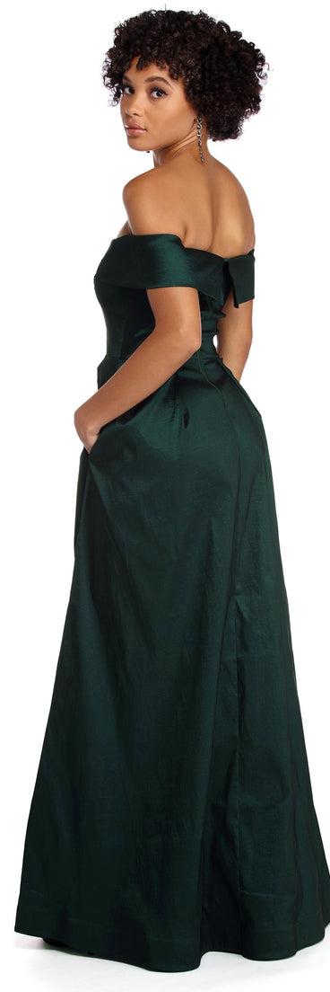 Megan Taffeta Off The Shoulder Ball Gown is a gorgeous pick as your 2023 prom dress or formal gown for wedding guest, spring bridesmaid, or army ball attire!