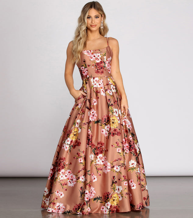 Magdalena Satin Floral Gown is a gorgeous pick as your 2023 prom dress or formal gown for wedding guest, spring bridesmaid, or army ball attire!