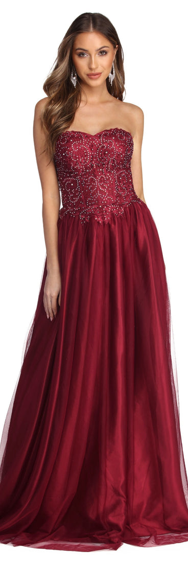 The Annabelle Heat Stone Ball Gown is a gorgeous pick as your 2023 prom dress or formal gown for wedding guest, spring bridesmaid, or army ball attire!