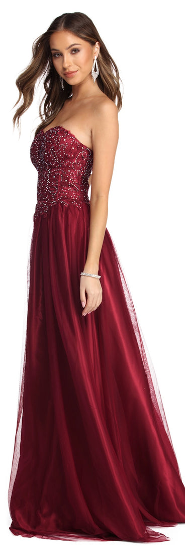 The Annabelle Heat Stone Ball Gown is a gorgeous pick as your 2023 prom dress or formal gown for wedding guest, spring bridesmaid, or army ball attire!