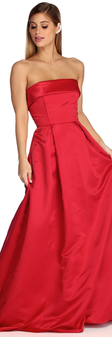 The Catalina Strapless Satin Ball Gown is a gorgeous pick as your 2023 prom dress or formal gown for wedding guest, spring bridesmaid, or army ball attire!
