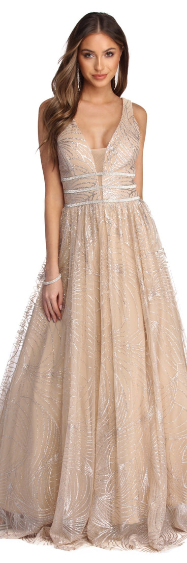 The Emma Glitter And Rhinestone Ball Gown is a gorgeous pick as your 2023 prom dress or formal gown for wedding guest, spring bridesmaid, or army ball attire!