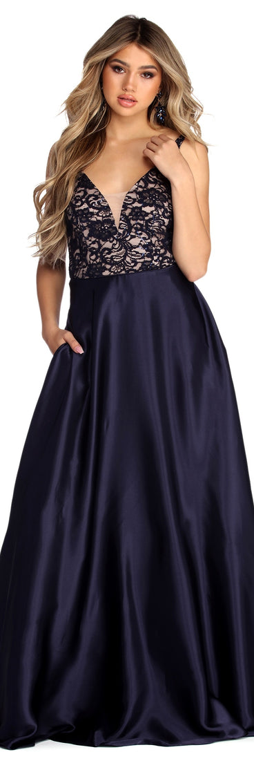 Trina Charming Satin Lace Gown is a gorgeous pick as your 2023 prom dress or formal gown for wedding guest, spring bridesmaid, or army ball attire!