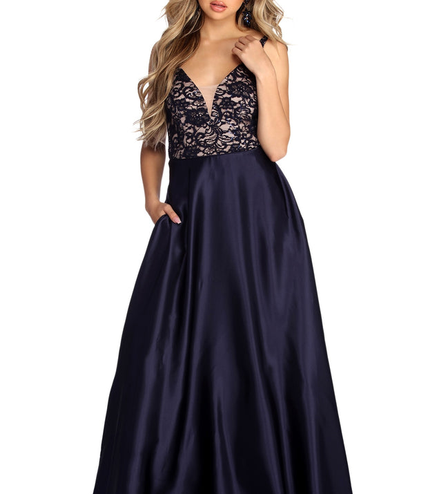 Trina Charming Satin Lace Gown is a gorgeous pick as your 2023 prom dress or formal gown for wedding guest, spring bridesmaid, or army ball attire!