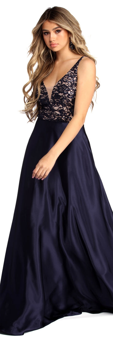 Trina Charming Satin Lace Gown is a gorgeous pick as your 2023 prom dress or formal gown for wedding guest, spring bridesmaid, or army ball attire!