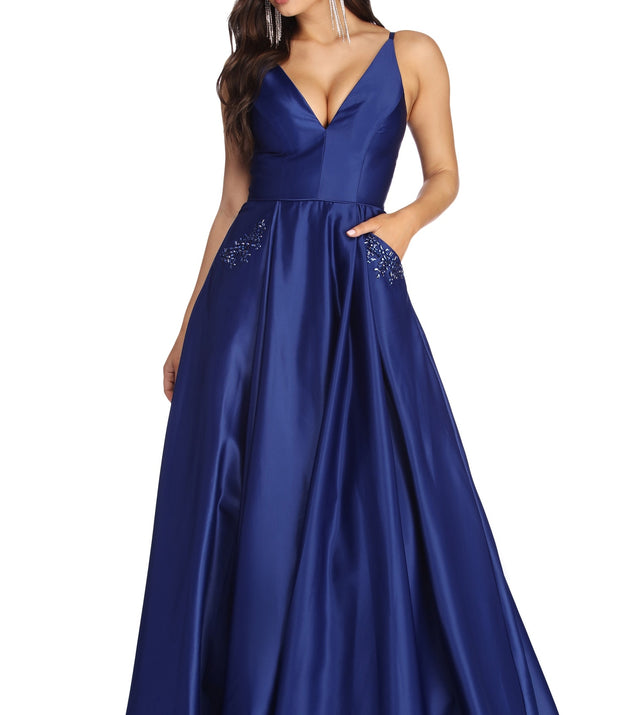 Perrianne Beaded Satin Ball Gown is a gorgeous pick as your 2023 prom dress or formal gown for wedding guest, spring bridesmaid, or army ball attire!