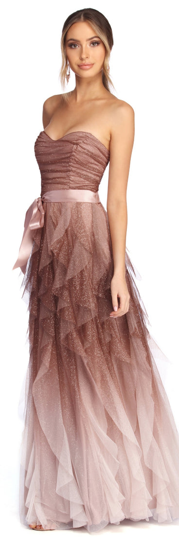 Penny Ombre Glitter Tendril Ball Gown is a gorgeous pick as your 2023 prom dress or formal gown for wedding guest, spring bridesmaid, or army ball attire!