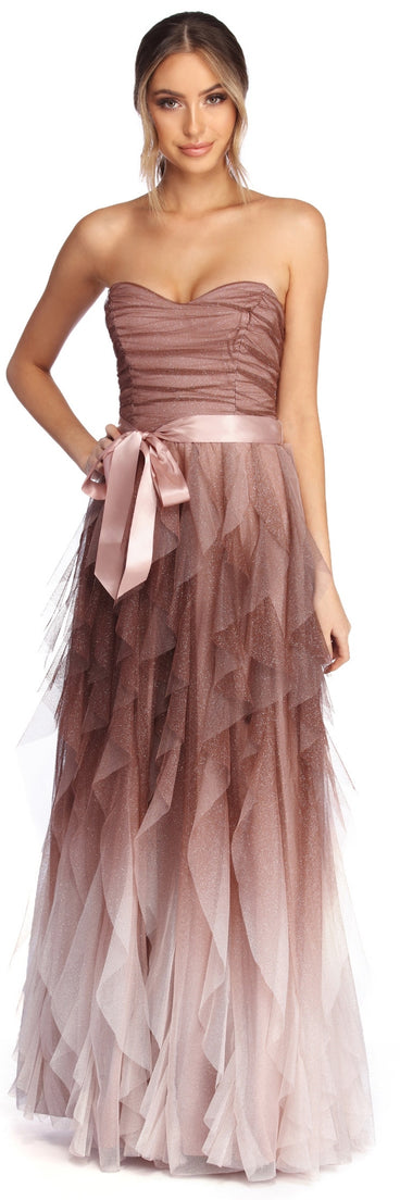 Penny Ombre Glitter Tendril Ball Gown is a gorgeous pick as your 2023 prom dress or formal gown for wedding guest, spring bridesmaid, or army ball attire!