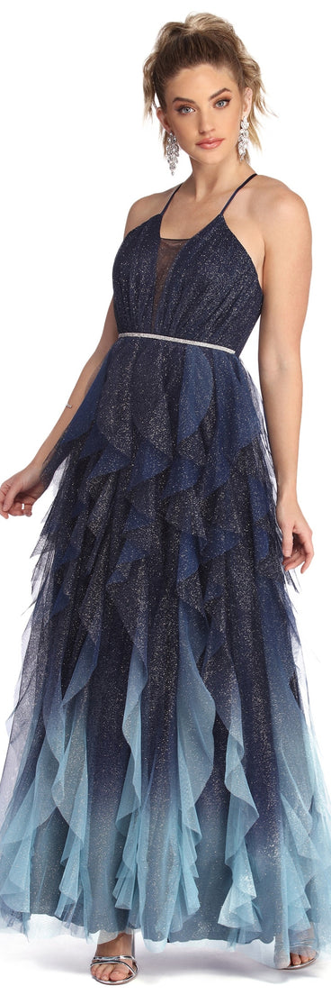 The Griselda Glitter Mesh Tendril Gown is a gorgeous pick as your 2023 prom dress or formal gown for wedding guest, spring bridesmaid, or army ball attire!