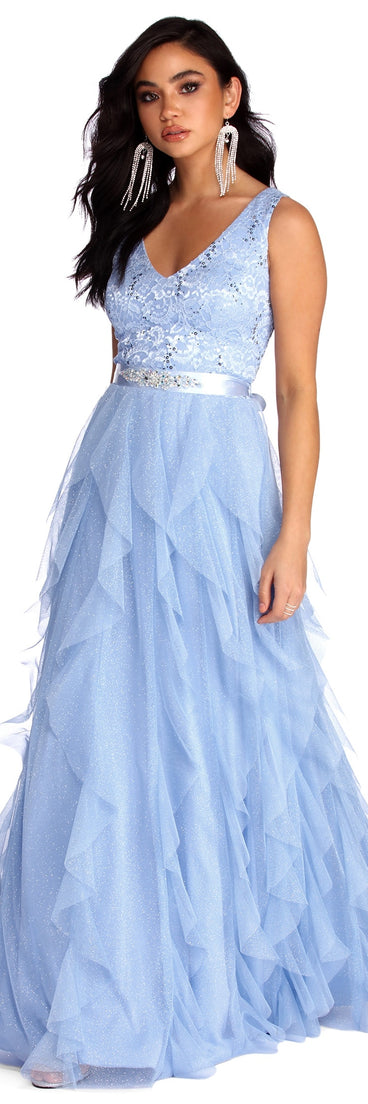 The Ava Formal Glitter Tendril Dress is a gorgeous pick as your 2023 prom dress or formal gown for wedding guest, spring bridesmaid, or army ball attire!