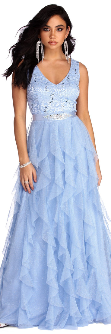 The Ava Formal Glitter Tendril Dress is a gorgeous pick as your 2023 prom dress or formal gown for wedding guest, spring bridesmaid, or army ball attire!