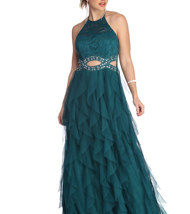 Sonia Lace Mesh Tendril Dress is a gorgeous pick as your 2023 prom dress or formal gown for wedding guest, spring bridesmaid, or army ball attire!