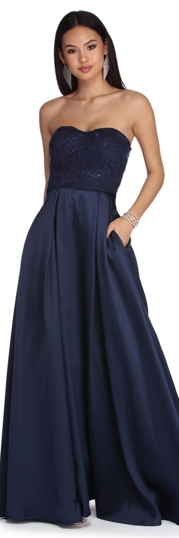 The Laurie Lace And Satin Ball Gown is a gorgeous pick as your 2023 prom dress or formal gown for wedding guest, spring bridesmaid, or army ball attire!