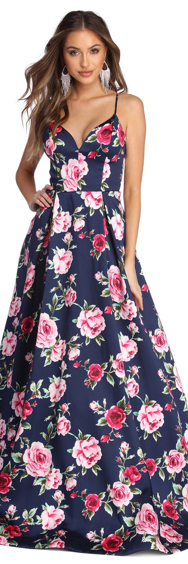 Shelby Floral Satin Ball Gown is a gorgeous pick as your 2023 prom dress or formal gown for wedding guest, spring bridesmaid, or army ball attire!