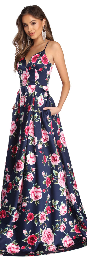 Shelby Floral Satin Ball Gown is a gorgeous pick as your 2023 prom dress or formal gown for wedding guest, spring bridesmaid, or army ball attire!