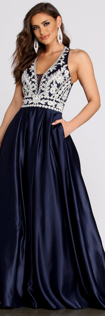 Zarina Floral Embroidery Halter Ball Gown is a gorgeous pick as your 2023 prom dress or formal gown for wedding guest, spring bridesmaid, or army ball attire!