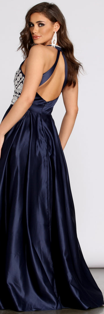 Zarina Floral Embroidery Halter Ball Gown is a gorgeous pick as your 2023 prom dress or formal gown for wedding guest, spring bridesmaid, or army ball attire!