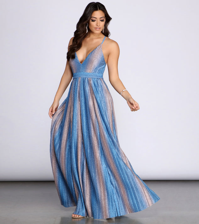 Indra Metallic Glitter Cross Back A-Line Dress creates the perfect summer wedding guest dress or cocktail party dresss with stylish details in the latest trends for 2023!