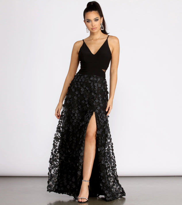 The Amira Floral Applique A-Line Dress is a gorgeous pick as your 2023 prom dress or formal gown for wedding guest, spring bridesmaid, or army ball attire!