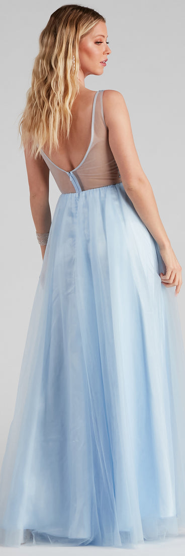 Merritt Formal V-Neck Tulle Ball Gown is a stunning choice for a bridesmaid dress or maid of honor dress, and to feel beautiful at Prom 2023, spring weddings, formals, & military balls!