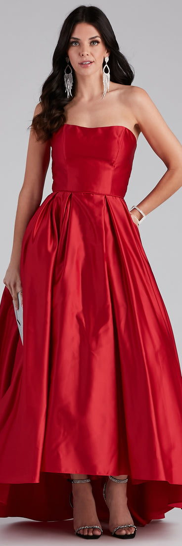 The Anastasia Strapless A-Line Ball Gown is a gorgeous pick as your 2023 prom dress or formal gown for wedding guest, spring bridesmaid, or army ball attire!
