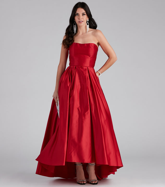 The Anastasia Strapless A-Line Ball Gown is a gorgeous pick as your 2023 prom dress or formal gown for wedding guest, spring bridesmaid, or army ball attire!