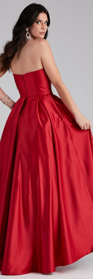 The Anastasia Strapless A-Line Ball Gown is a gorgeous pick as your 2023 prom dress or formal gown for wedding guest, spring bridesmaid, or army ball attire!