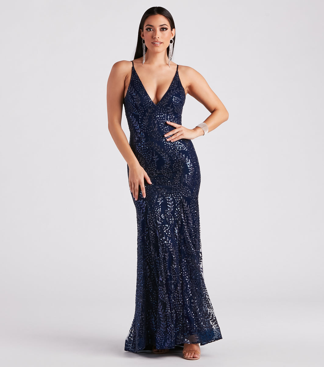 Black Sequin Plunge Neck Backless Evening Gown – Rosies Closet