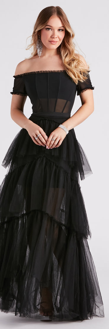 Maggie Formal Tiered Tulle  Black Prom Dress is a gorgeous pick as your 2023 prom dress or formal gown for wedding guest, spring bridesmaid, or army ball attire!