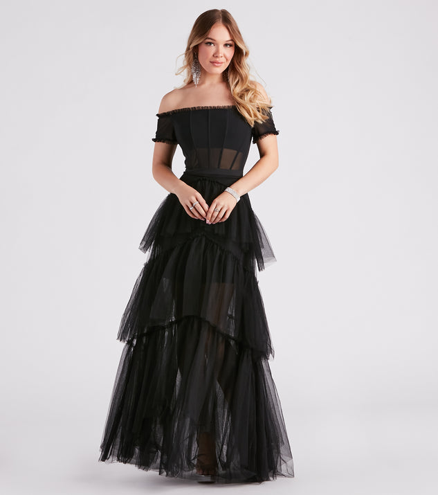 Maggie Formal Tiered Tulle  Black Prom Dress is a gorgeous pick as your 2023 prom dress or formal gown for wedding guest, spring bridesmaid, or army ball attire!