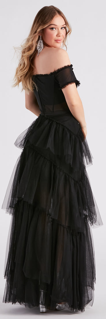 Maggie Formal Tiered Tulle  Black Prom Dress is a gorgeous pick as your 2023 prom dress or formal gown for wedding guest, spring bridesmaid, or army ball attire!