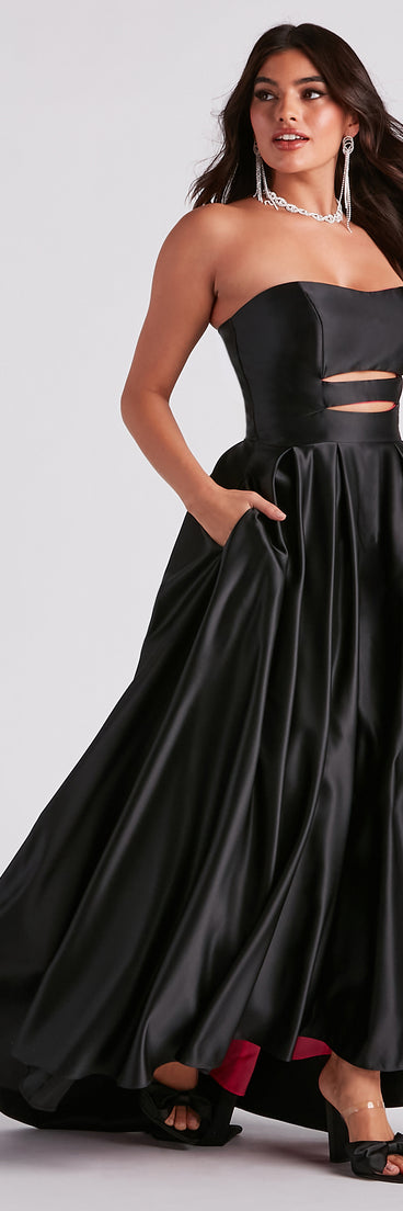 Beverly Satin High Low  Black Prom Gown is a gorgeous pick as your 2023 prom dress or formal gown for wedding guest, spring bridesmaid, or army ball attire!
