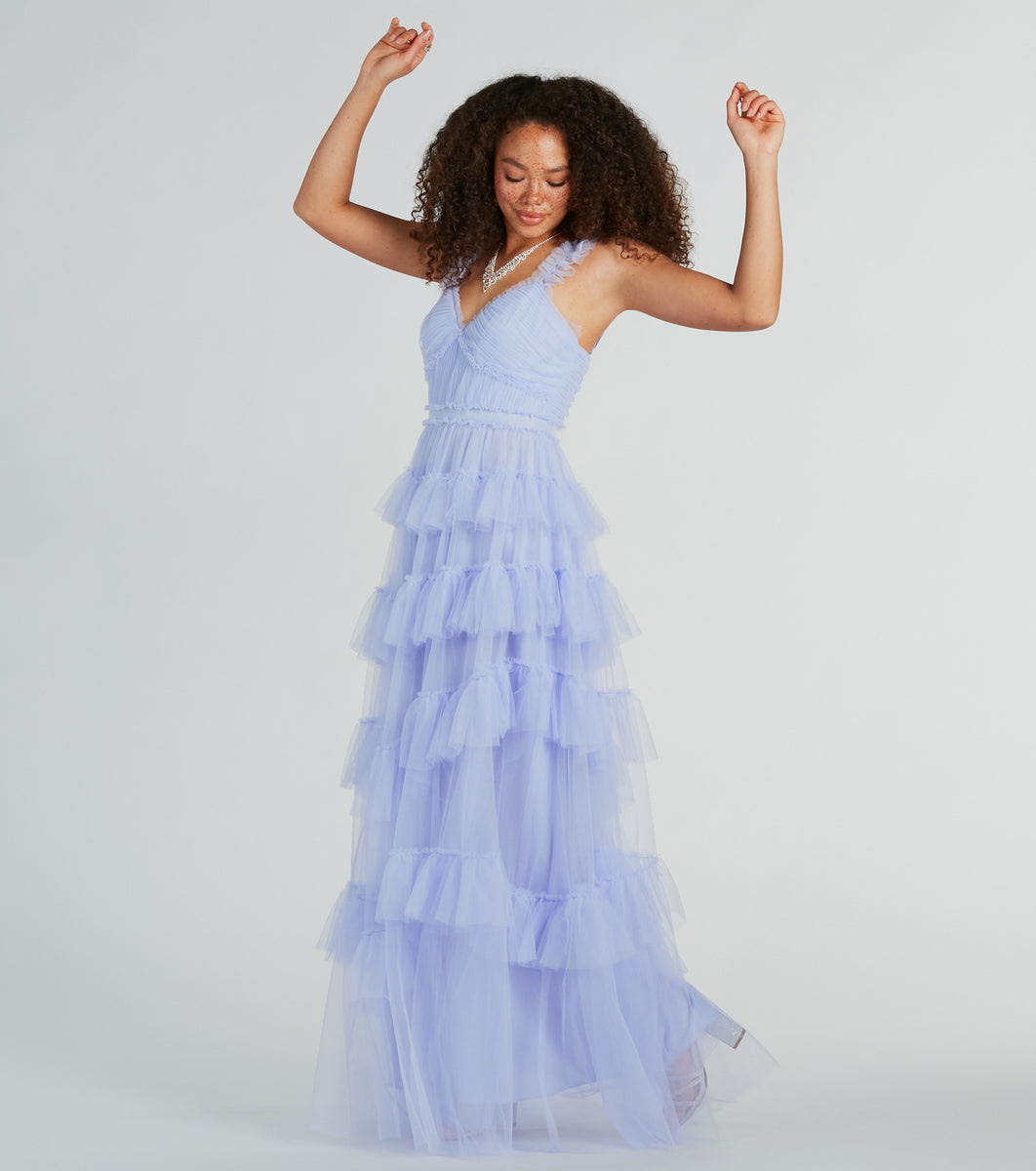 Elissa Sleeveless A-Line Ruffle Pleated Tulle Gown