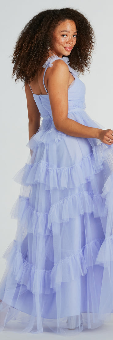 The Elissa Sleeveless A-Line Ruffle Pleated Tulle Gown as your wedding guest dress with a stylish neckline and/or sleeves and elevated details on the back and front will make you the best dressed at any event!