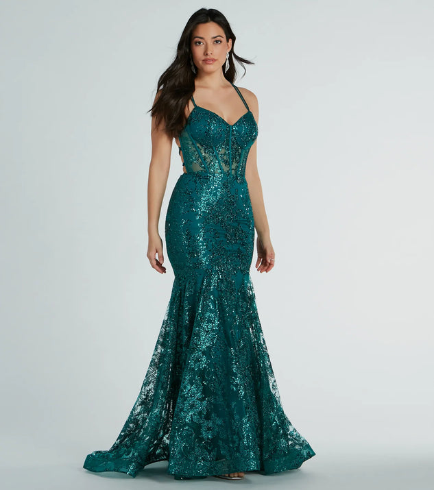 Windsor Amal Bustier Lace-Up Mermaid Glitter Sequin Gown