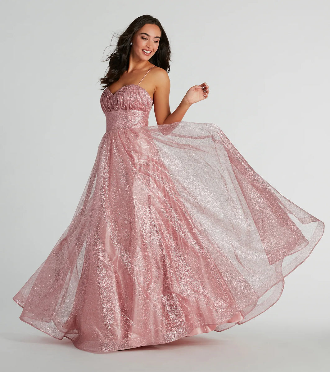 Celavie 6603-L Long Sweetheart Fitted Pleated Cowl Neck Glitter Gown