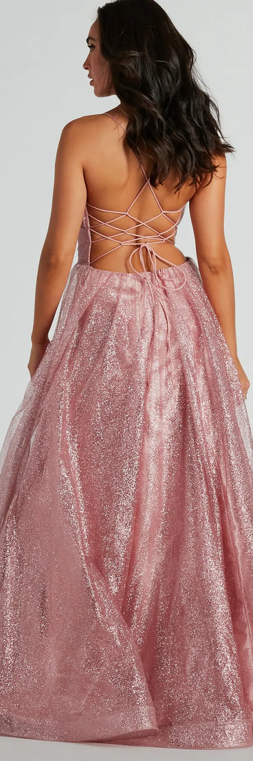 Charlie Sweetheart Lace Up A-Line Glitter Gown is the perfect prom dress pick with on-trend details to make the 2024 dance your most memorable event yet!