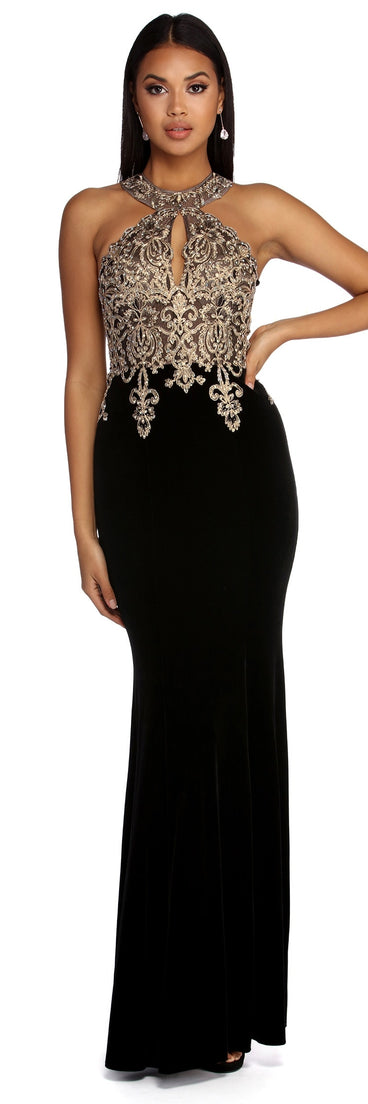 The Jeanette Formal Velvet Applique Dress is a gorgeous pick as your 2023 prom dress or formal gown for wedding guest, spring bridesmaid, or army ball attire!