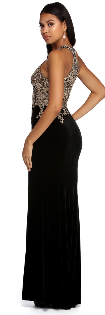 The Jeanette Formal Velvet Applique Dress is a gorgeous pick as your 2023 prom dress or formal gown for wedding guest, spring bridesmaid, or army ball attire!