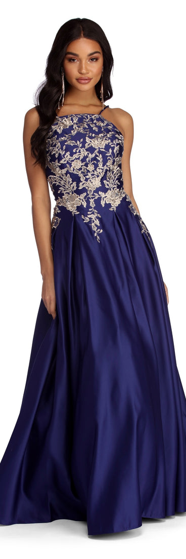 Ryleigh Floral Satin Ball Gown is a gorgeous pick as your 2023 prom dress or formal gown for wedding guest, spring bridesmaid, or army ball attire!