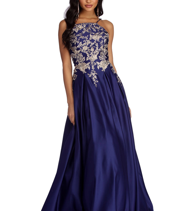 Ryleigh Floral Satin Ball Gown is a gorgeous pick as your 2023 prom dress or formal gown for wedding guest, spring bridesmaid, or army ball attire!