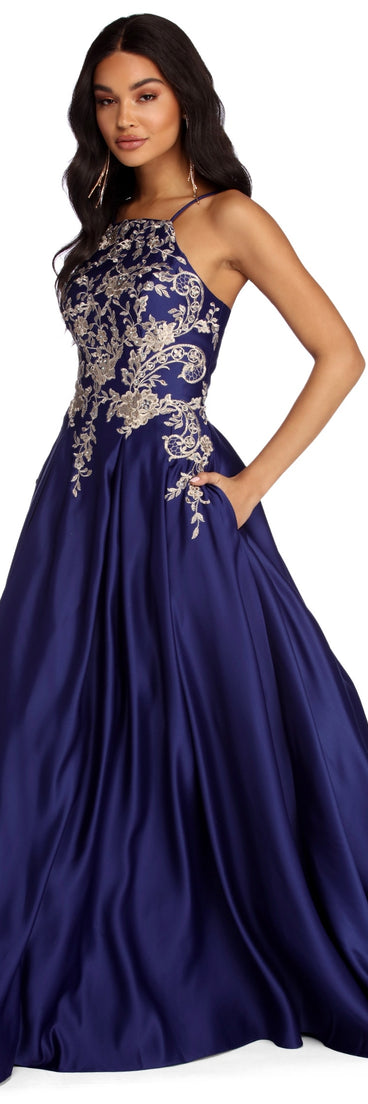 Ryleigh Floral Satin Ball Gown is a gorgeous pick as your 2023 prom dress or formal gown for wedding guest, spring bridesmaid, or army ball attire!