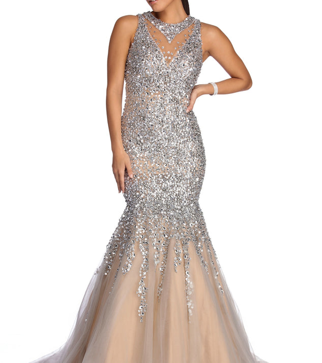 The Everleigh Radiating Gemstone Mermaid Dress is a gorgeous pick as your 2023 prom dress or formal gown for wedding guest, spring bridesmaid, or army ball attire!