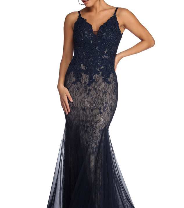 The Emelia Formal Trumpet Lace Dress is a gorgeous pick as your 2023 prom dress or formal gown for wedding guest, spring bridesmaid, or army ball attire!