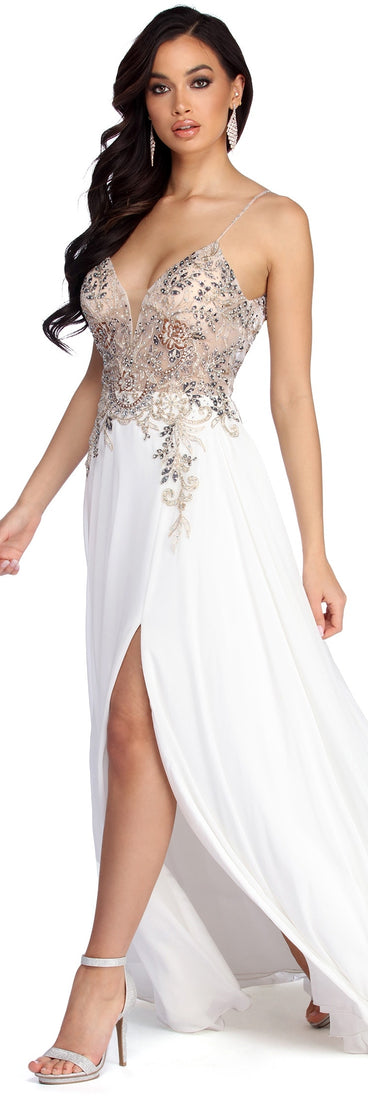 The Emeline Beaded Mesh & Chiffon Dress is a gorgeous pick as your 2023 prom dress or formal gown for wedding guest, spring bridesmaid, or army ball attire!