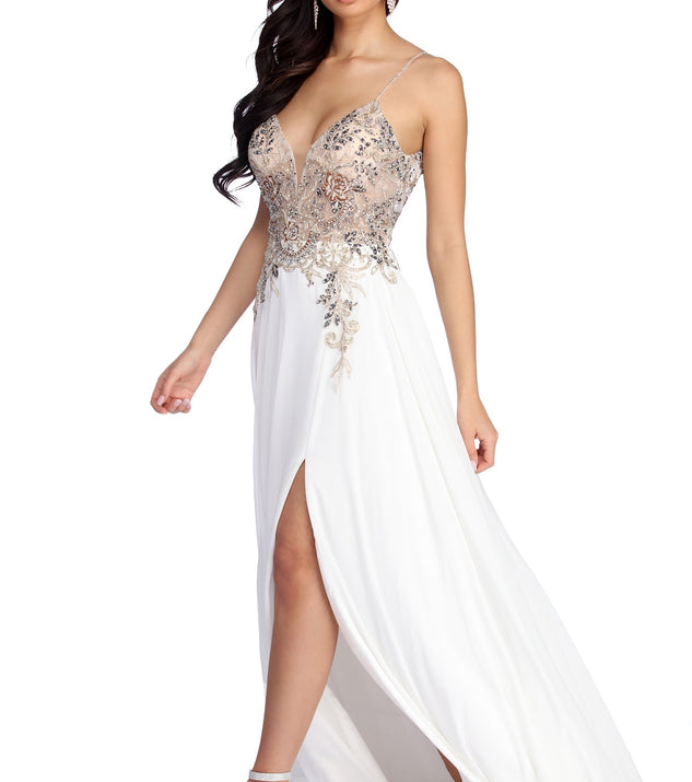 The Emeline Beaded Mesh & Chiffon Dress is a gorgeous pick as your 2023 prom dress or formal gown for wedding guest, spring bridesmaid, or army ball attire!