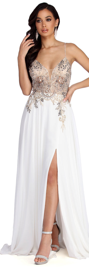The Emeline Beaded Mesh & Chiffon Dress is a gorgeous pick as your 2023 prom dress or formal gown for wedding guest, spring bridesmaid, or army ball attire!